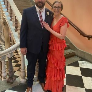 Red BCBG Gown with Ruffles
